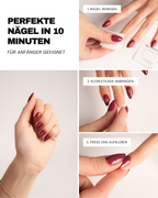 Schritt-für-Schritt Anleitung für perfekte Nägel in 10 Minuten: Naturnagel reinigen, Klebesticker anbringen und FlexiGel Press-Ons aufkleben.