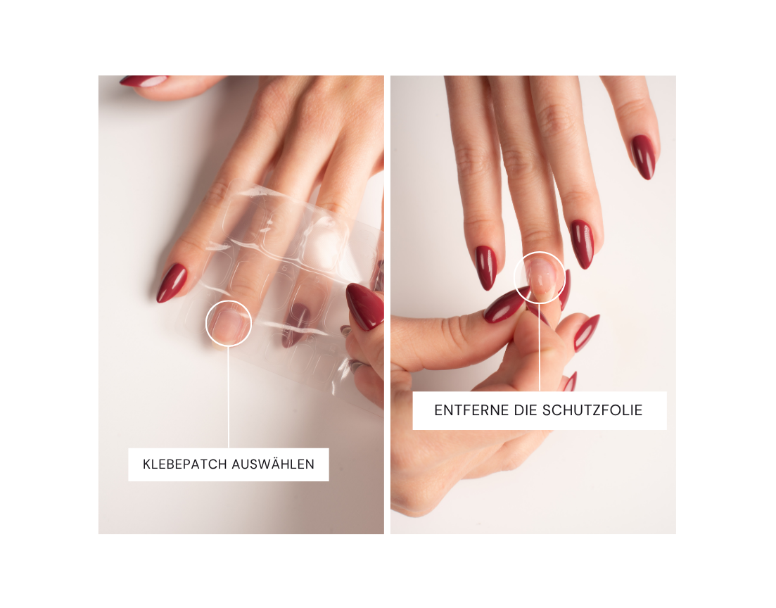 Schritt-für-Schritt Anleitung zum Anbringen von Press-On Nails: Passendes Klebepatch für den Naturnagel auswählen und die Schutzfolie vorsichtig abziehen, um eine optimale Haftung zu gewährleisten.