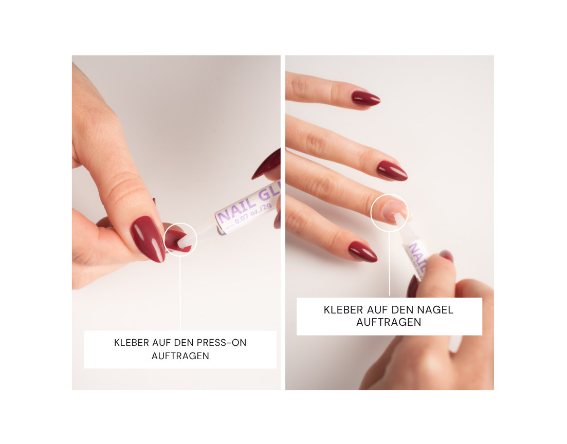 Anleitung für langanhaltende Press-On Nails: Eine kleine Menge Nagelkleber sowohl auf die Unterseite des Press-On Nagels als auch auf den Naturnagel auftragen für maximalen Halt bis zu 2 Wochen.
