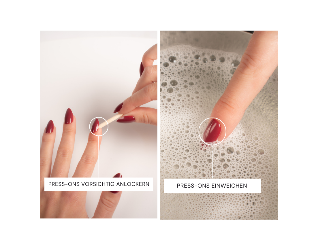 Schritt-für-Schritt Anleitung zum Entfernen von Press-On Nails: Zuerst die Ränder der FlexiGel Nägel mit einem Rosenholzstäbchen vorsichtig anlockern und anschließend in warmem Seifenwasser einweichen.
