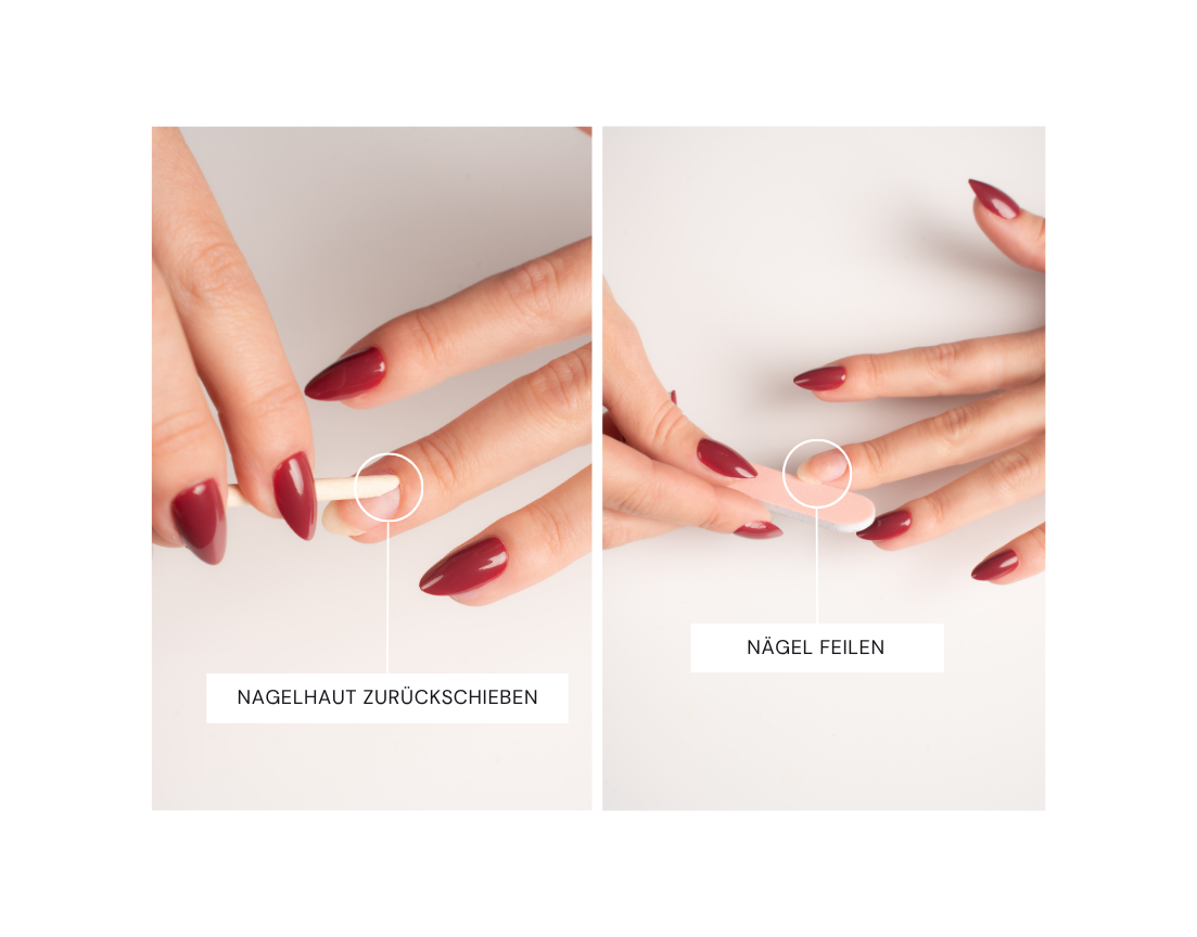 Schritt-für-Schritt Vorbereitung der Nägel: Mit dem Rosenholzstäbchen vorsichtig die Nagelhaut zurückschieben und anschließend den Naturnagel mit der Feile für eine optimale Haftung der FlexiGel Press-Ons vorbereiten.