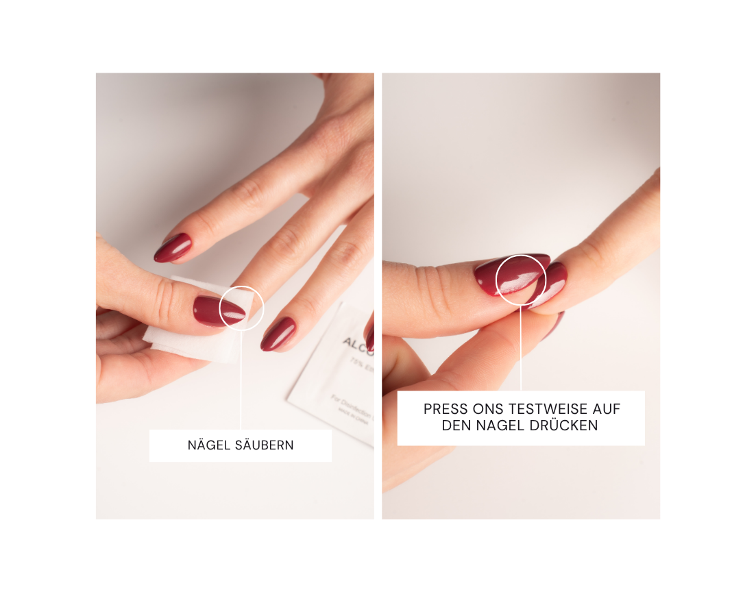 Schritt-für-Schritt Vorbereitung der Press-On Nails: Zuerst die Naturnägel mit einem Alkoholpad säubern und anschließend die passenden FlexiGel Nägel testweise auf den Nagel drücken, um die ideale Größe zu finden