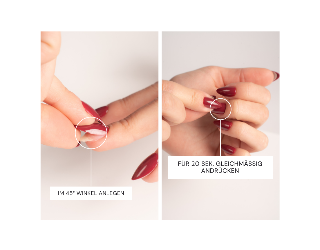 Finaler Schritt beim Anbringen der Press-On Nails: Den FlexiGel Nagel im 45° Winkel am Nagelbett anlegen und für 20 Sekunden gleichmäßig festdrücken, um einen langanhaltenden Halt zu garantieren.