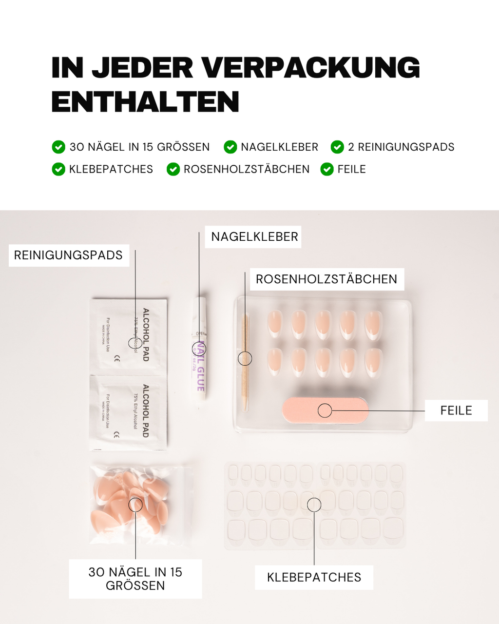 Vollständiges Soft Gel Press-On Nails Set von nailish inklusive 30 Nägeln in 15 Größen, Nagelkleber, Klebepatches, Reinigungspads, Rosenholzstäbchen und Nagelfeile für die perfekte Maniküre zuhause.