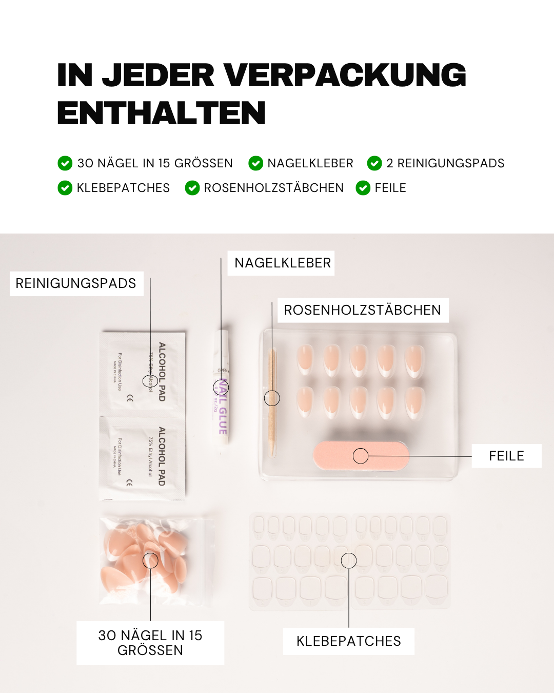 Vollständiges Soft Gel Press-On Nails Set von nailish inklusive 30 Nägeln in 15 Größen, Nagelkleber, Klebepatches, Reinigungspads, Rosenholzstäbchen und Nagelfeile für die perfekte Maniküre zuhause.